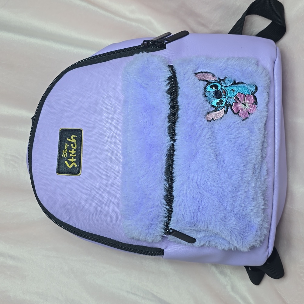 Disney Stitch Light Purple Fuzzy Mini Backpack Bag Adjustable Strap EUC